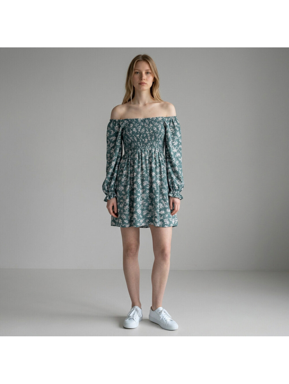 First Love Dress Women M Medium Green Floral Sheath Midi Off The Shoulder Rayon